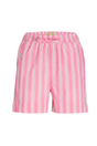 Lyserøde shorts med lodrette hvide og lyseblå striber, elastisk talje og bindebånd.