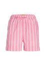 Lyserøde shorts med lodrette hvide og lyseblå striber, elastisk talje og bindebånd.