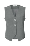 Grå melange vest med to sølvknapper, lille lomme foran og kortere bagside for moderne look.