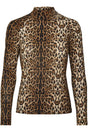 Bluse med leopardmønster, lange ærmer og høj hals. Symmetrisk mønster over hele blusen.