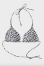 Sort-hvid bikini top med mønster, trekantede skåle og justerbare snore til hals og ryg.