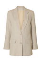 Lys beige blazer med slagkrave, to frontlommer og to knapper, klassisk og elegant design.