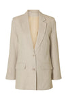 Lys beige blazer med slagkrave, to frontlommer og to knapper, klassisk og elegant design.