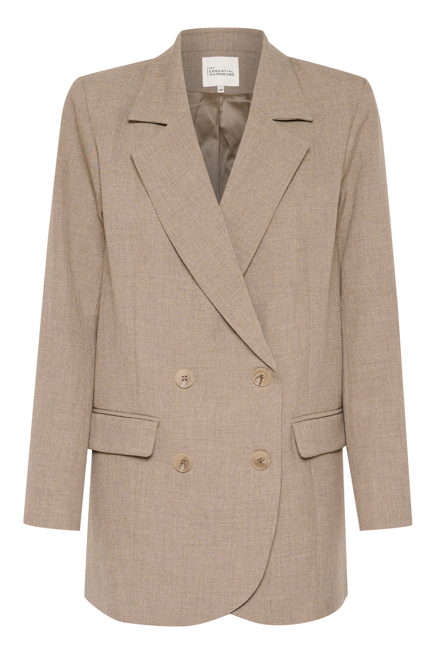 Mørk beige blazer, dobbeltknappet, to lommer, klassisk snit, fra My Essential Wardrobe.