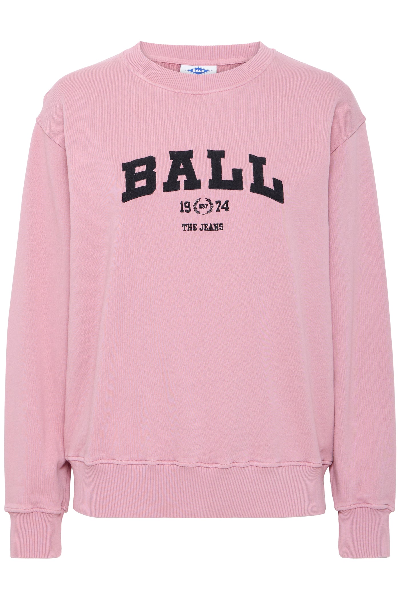 Lilla sweatshirt med sort skrift "BALL 1974 THE JEANS" på forsiden.