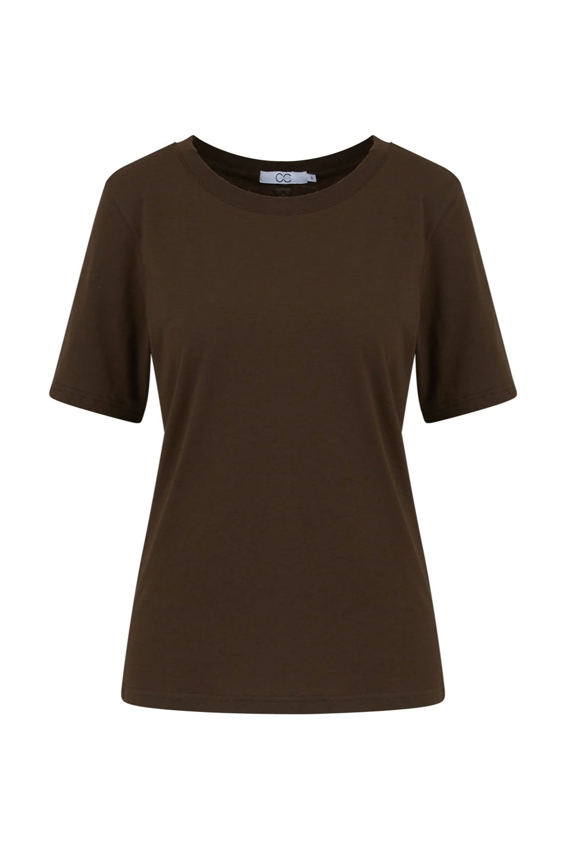 Chokoladebrun T-shirt med korte ærmer og rund halsudskæring, basic og regular pasform.