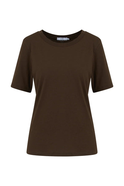 Chokoladebrun T-shirt med korte ærmer og rund halsudskæring, basic og regular pasform.