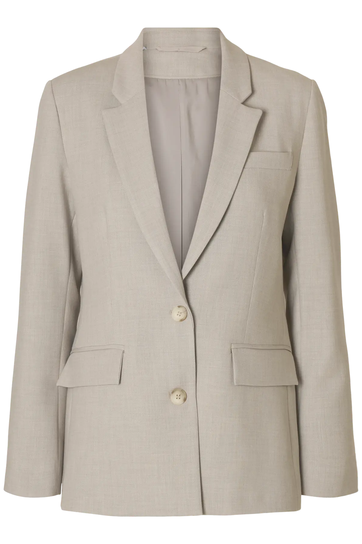 Beige blazer med klassisk design, to knapper og to lommer foran.