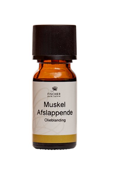 Brun glasflaske med sort låg, mærket "Muskel Afslappende Olieblanding", 10 ml, Fischer Pure Nature.