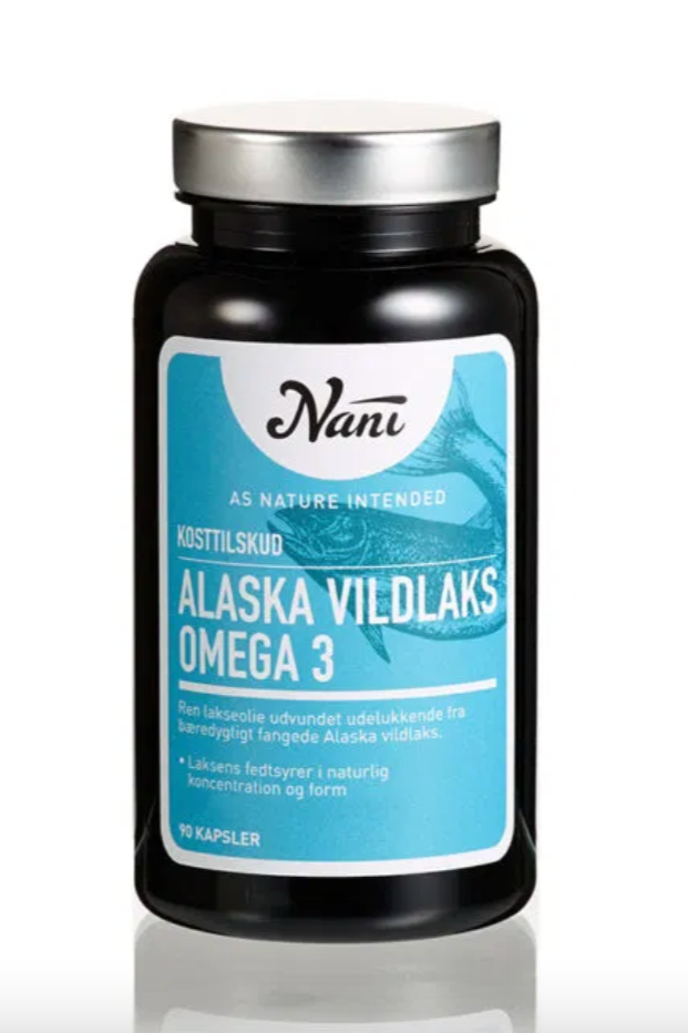 Flaske med 90 kapsler Omega 3 fra vildlaks, kosttilskud fra Nani Alaska.