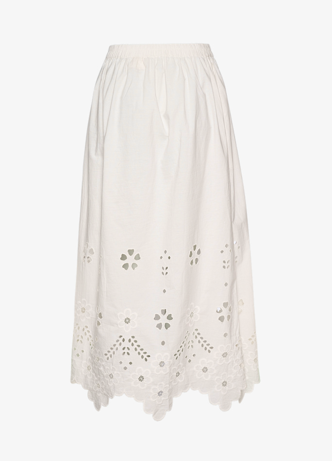 Hvid midi-nederdel med elastisk linning og blomsterudskæringsbroderi langs kanten.
