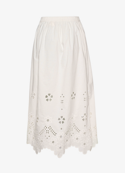 Hvid midi-nederdel med elastisk linning og blomsterudskæringsbroderi langs kanten.