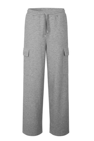 Grå melange sweatpants med elastisk talje, snøre og to sidelommer.