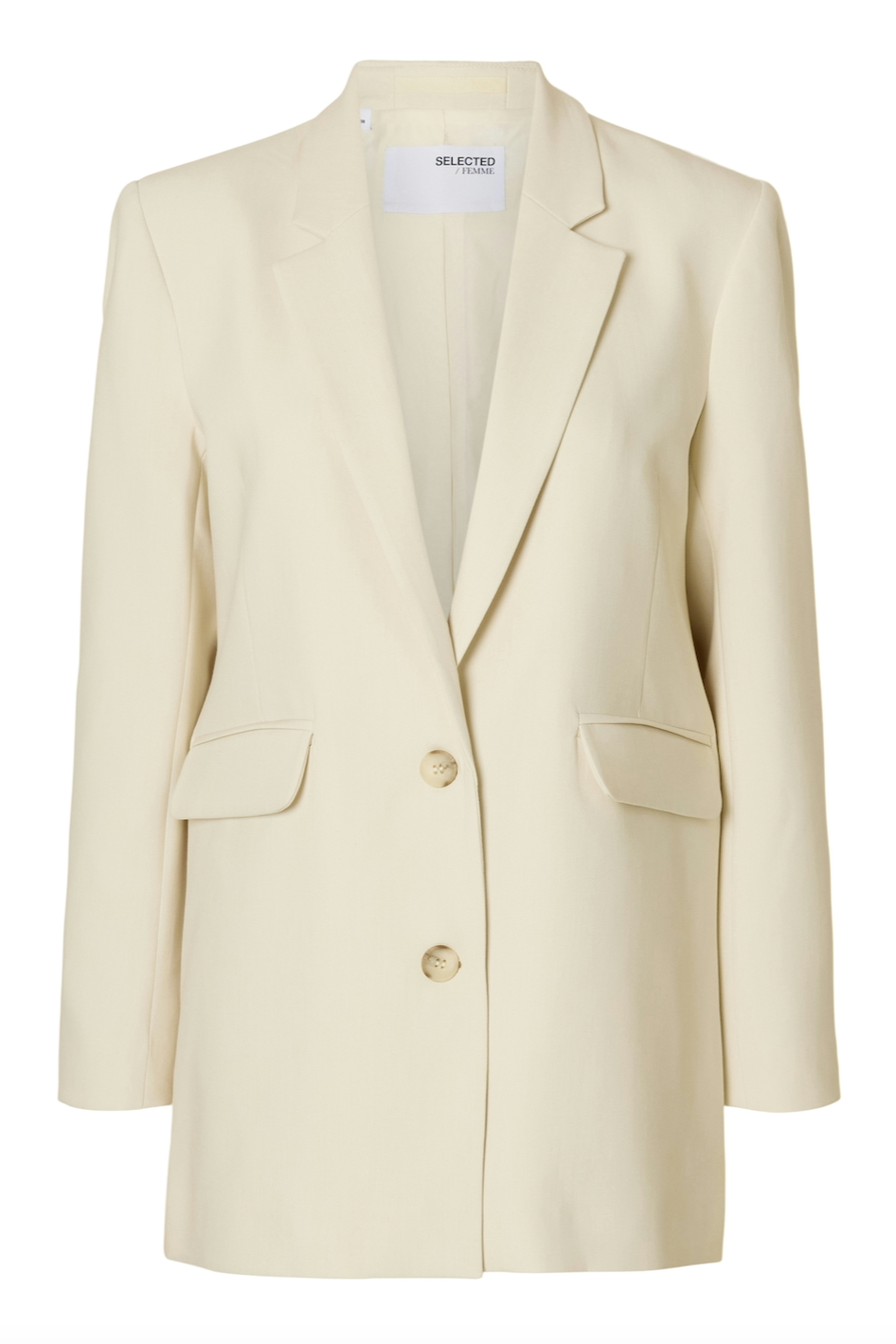 Lys beige blazer med afslappet pasform, to knapper og klaplommer.