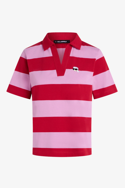 Pink/rød stribet polo med ikonisk patch på brystet og "KARL LAGERFELD" på bagsiden.
