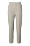 Beige bukser, cropped længde, skræddersyet pasform, bæltestropper, forreste lægdetaljer.
