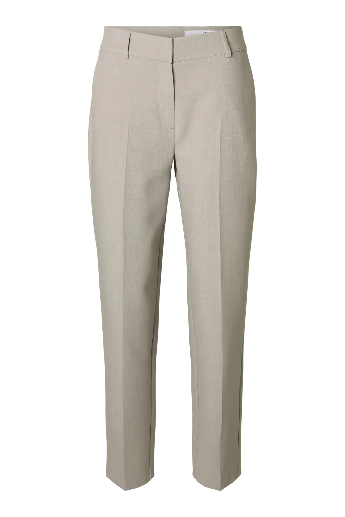 Beige bukser, cropped længde, skræddersyet pasform, bæltestropper, forreste lægdetaljer.