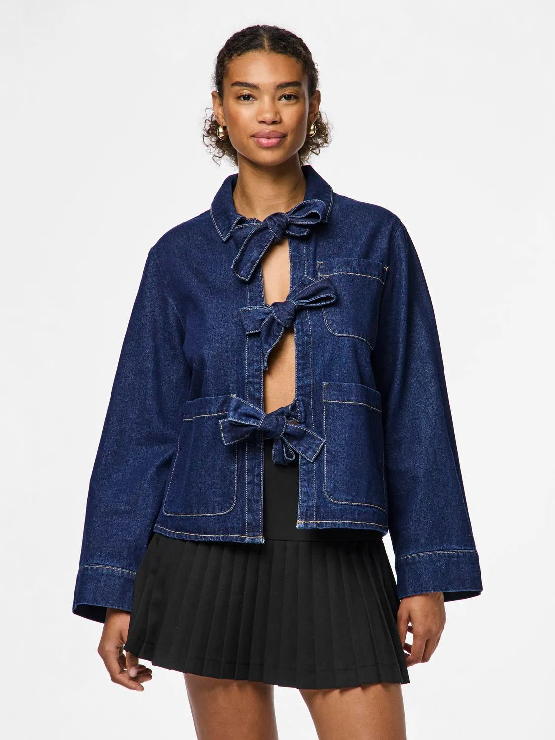 Pieces - Denim skjorte - Ofelia LS Bow - Medium blue denim