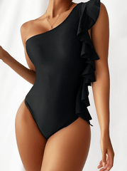 One-shoulder swimsuit with ruffles - Isser black - Sassy Copenhagen