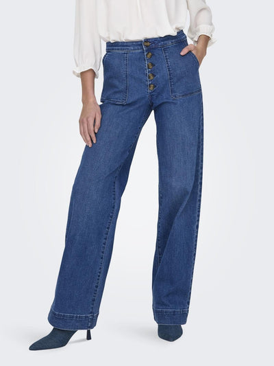 Only Underdele Blue Denim Wide Jeans med knapper - Juicy - Only