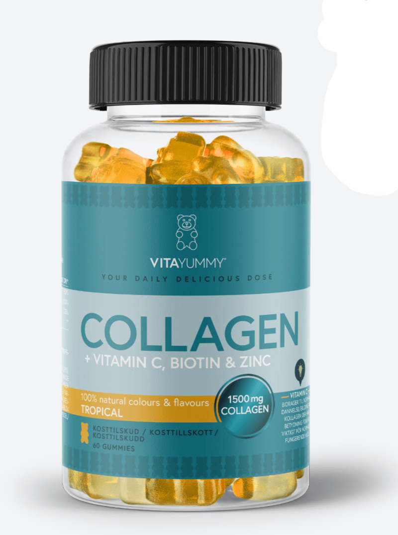 Flaske med VitaYummy Collagen vingummier, orange bjørneform, teal etiket, 60 stk., tropisk smag.