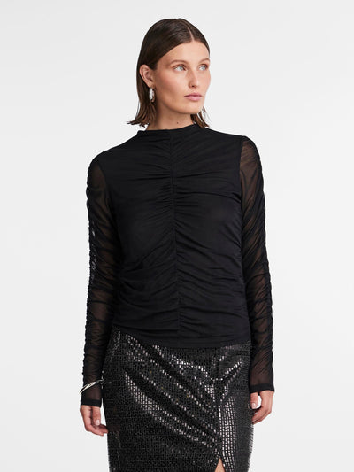 YAS Overdele Mesh Bluse - Sort m. Rynk