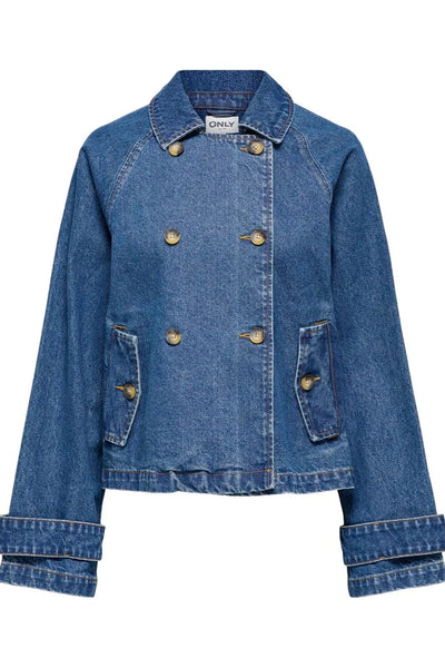 Blå denim trenchcoat med knaplukning, to frontlommer, krave og manchetter.