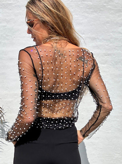 Sassy Copenhagen t-shirts & toppe Sassy - Gloria perle mesh top - Sort med perler (Bemærk preorder)