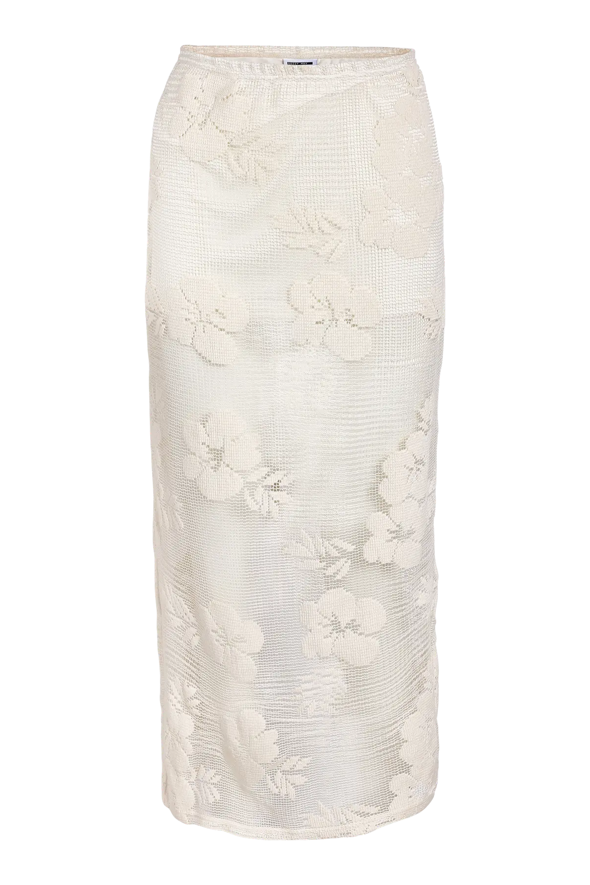 Cremefarvet blonde nederdel med blomsterdesign, elegant og delikat stil.